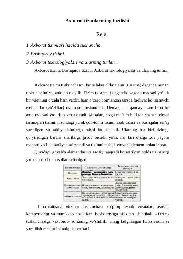 Axborot tizimlarining tuzilishi.
