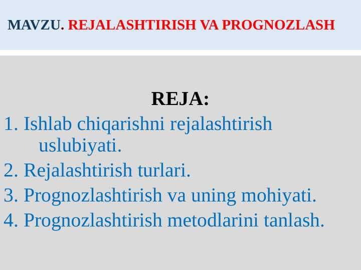 REJALASHTIRISH VA PROGNOZLASH