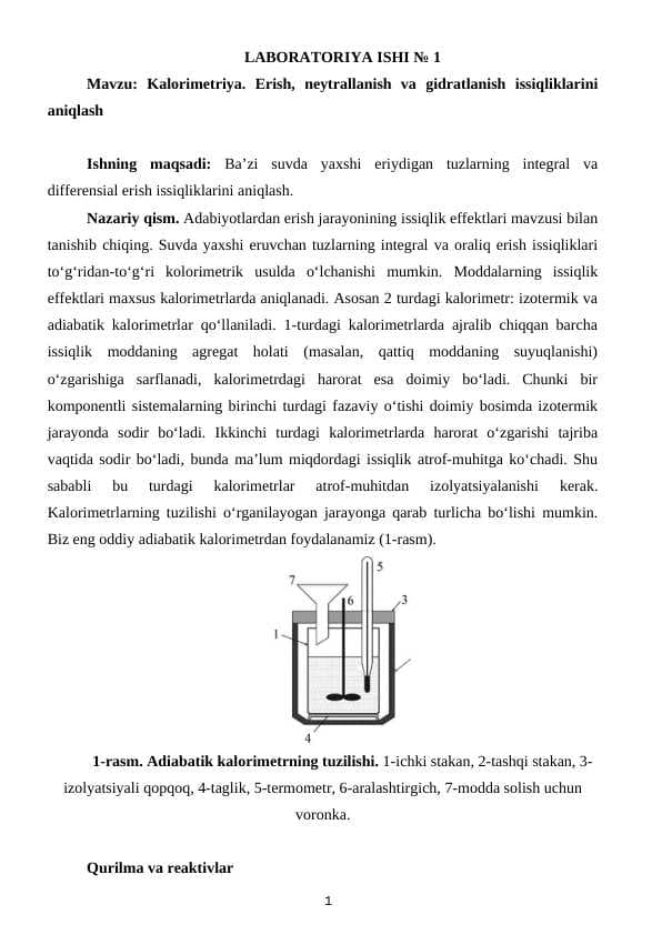Kalorimetriya. Erish, neytrallanish va gidratlanish issiqliklarini aniqlash