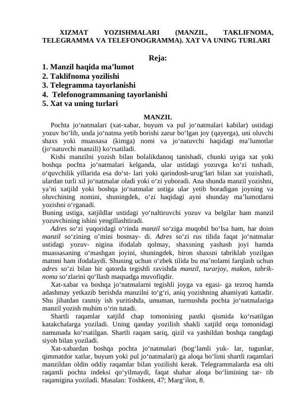 XIZMAT YOZISHMALARI (MANZIL, TAKLIFNOMA, TELEGRAMMA VA TELEFONOGRAMMA). XAT VA UNING TURLARI