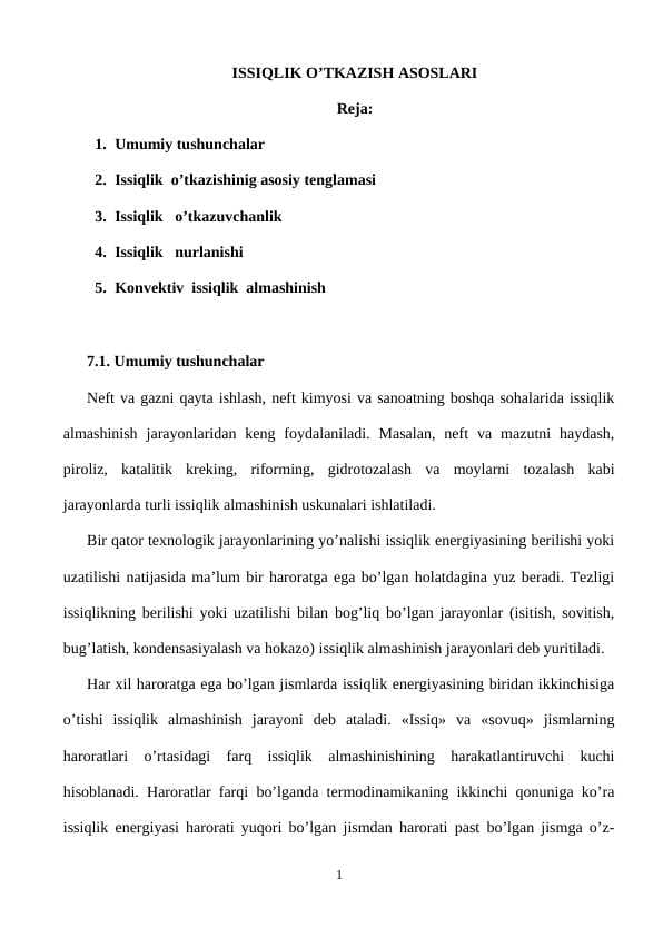 ISSIQLIK O’TKAZISH ASOSLARI