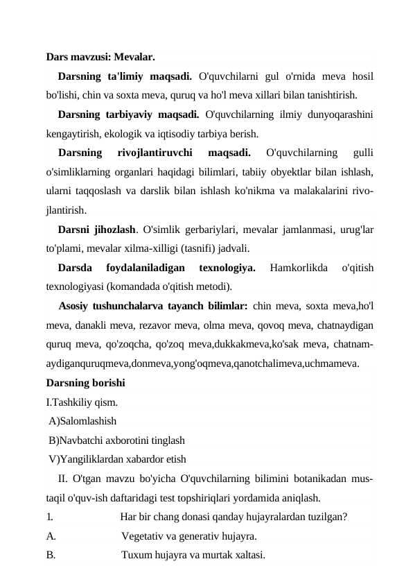 Biologiya bir soatlik dars ishlanma Mevalar