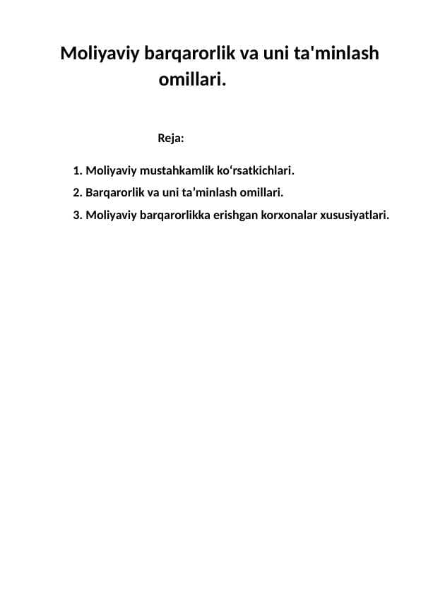 Moliyaviy barqarorlik va uni ta'minlash      omillari.