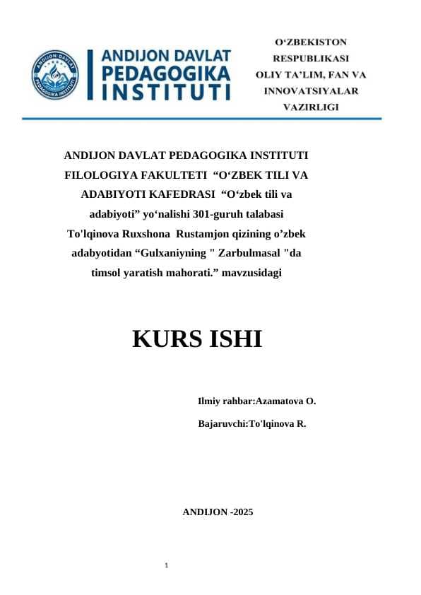 Gulxaniyning  Zarbulmasal da timsol yaratish mahorati.