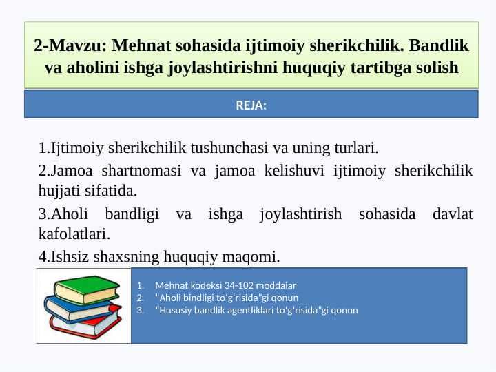 Mehnat sohasida ijtimoiy sherikchilik. Bandlik va aholini ishga joylashtirishni huquqiy tartibga solish