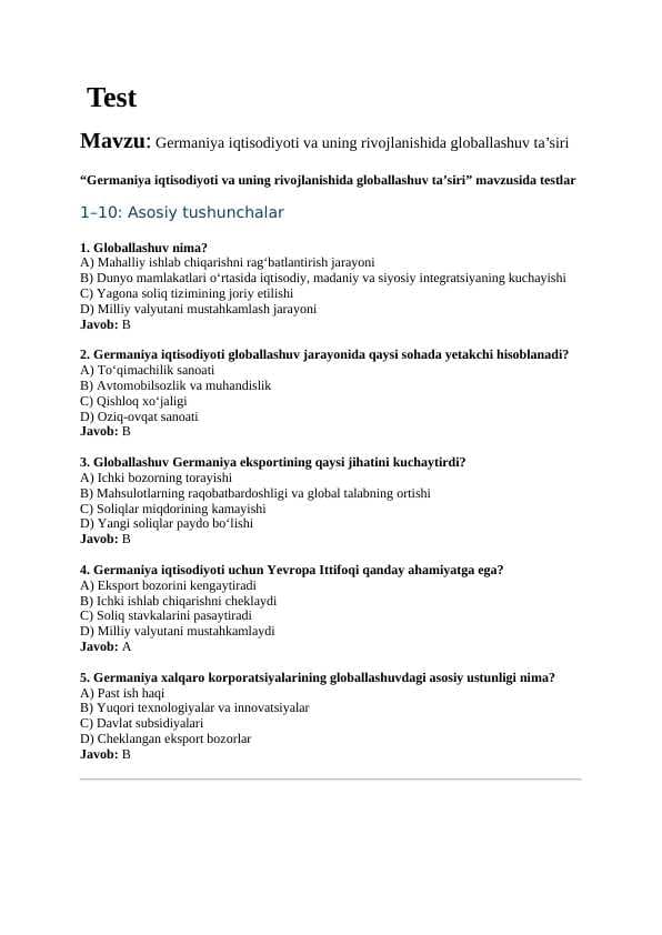 Mavzu: Germaniya iqtisodiyoti va uning rivojlanishida globallashuv ta’siri. TEST JAVOBLARI BILAN