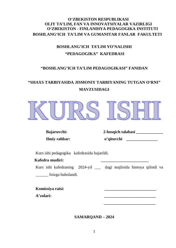 SHAXS TARBIYASIDA JISMONIY TARBIYANING TUTGAN O'RNI