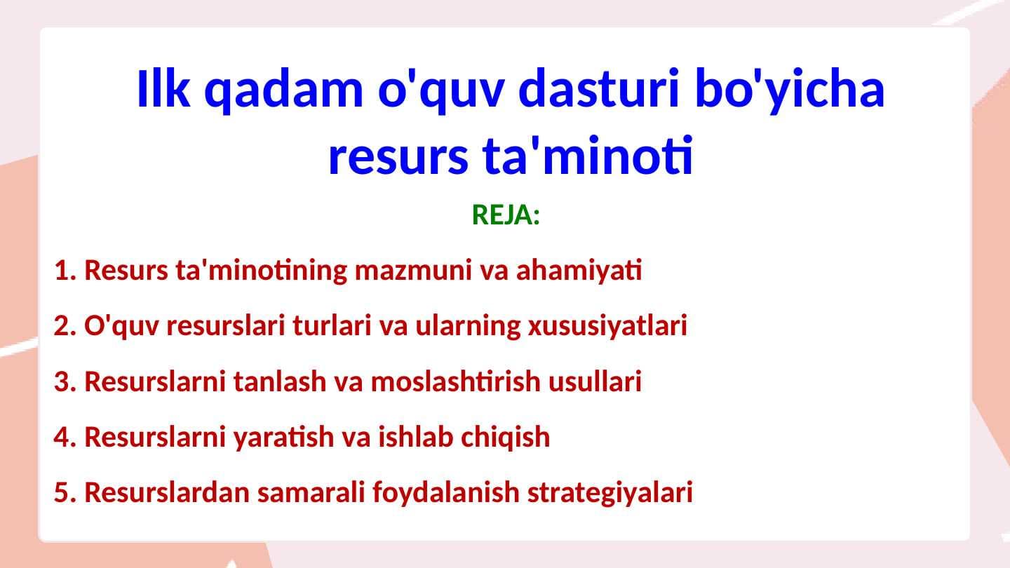 Ilk qadam o'quv dasturi bo'yicha resurs ta'minoti