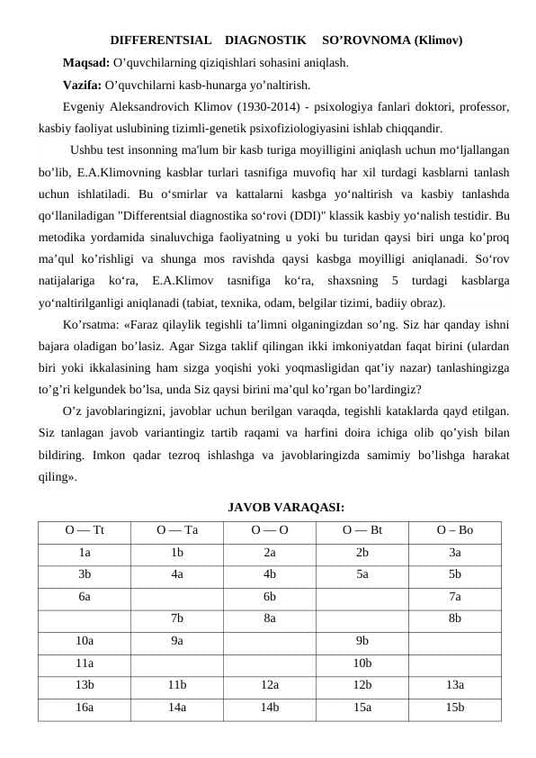 DIFFERENTSIAL DIAGNOSTIK SO’ROVNOMA (Klimov)