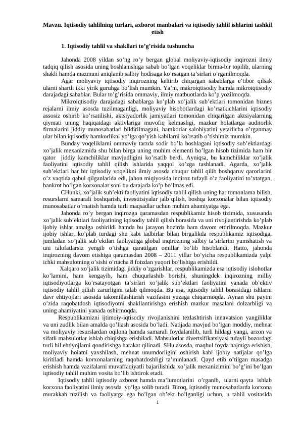 Iqtisodiy tahlilning turlari, axborot manbalari va iqtisodiy tahlil ishlarini tashkil etish