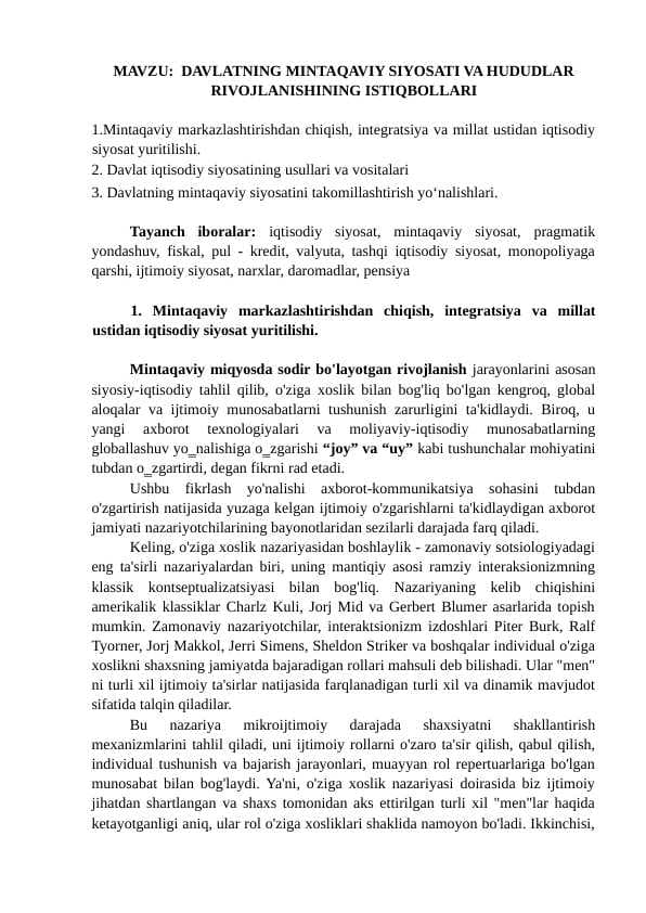 DAVLATNING MINTAQAVIY SIYOSATI VA HUDUDLAR RIVOJLANISHINING ISTIQBOLLARI
