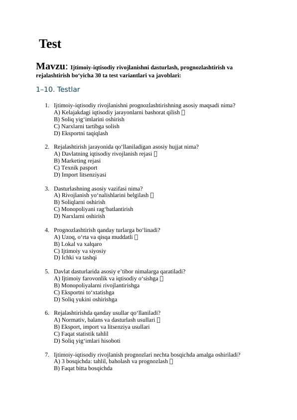 Mavzu: Ijtimoiy-iqtisodiy rivojlanishni dasturlash, prognozlashtirish va rejalashtirish bo‘yicha 30 ta test variantlari va javoblari: