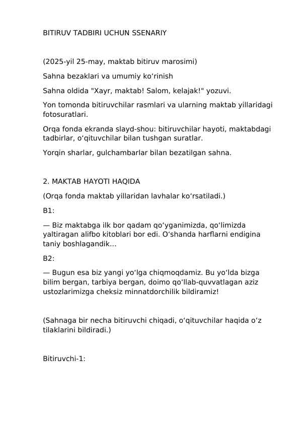 BITIRUV TADBIRI UCHUN SSENARIY  (2025-yil 25-may, maktab bitiruv marosimi)