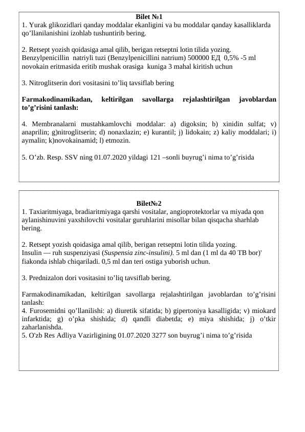 Farmakologiya fanidan oraliq nazorat biletlari