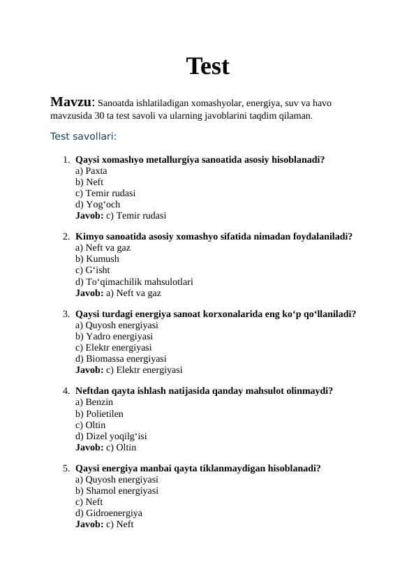 Mavzu: Sanoatda ishlatiladigan xomashyolar, energiya, suv va havo mavzusida 30 ta test savoli va ularning javoblari