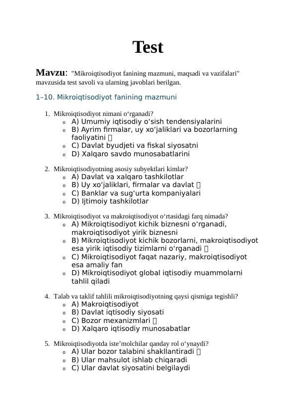 Mavzu:  "Mikroiqtisodiyot fanining mazmuni, maqsadi va vazifalari" mavzusida test savoli va ularning javoblari berilgan.