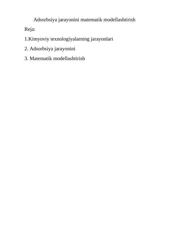 Adsorbsiya jarayonini matematik modellashtirish