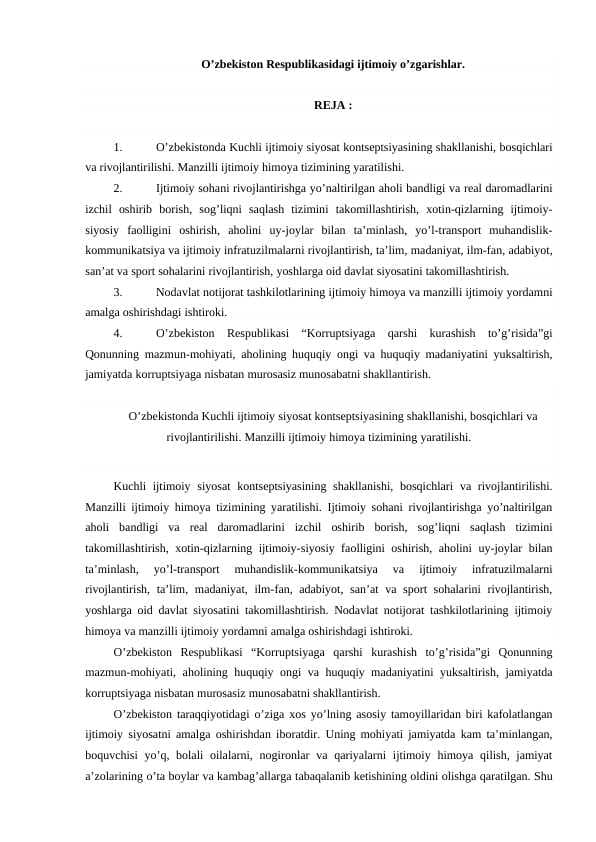 O’zbekiston Respublikasidagi ijtimoiy o’zgarishlar