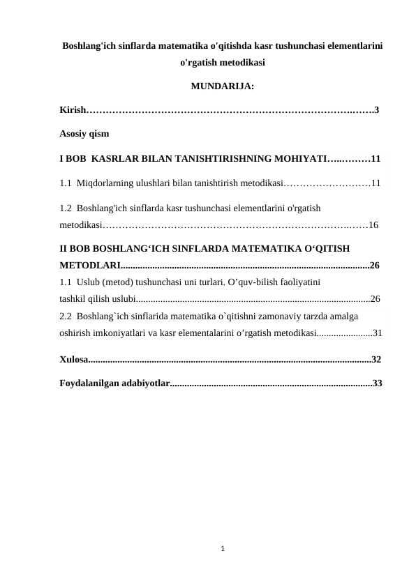 Boshlang'ich sinflarda matematika o'qitishda kasr tushunchasi elementlarini o'rgatish metodikasi
