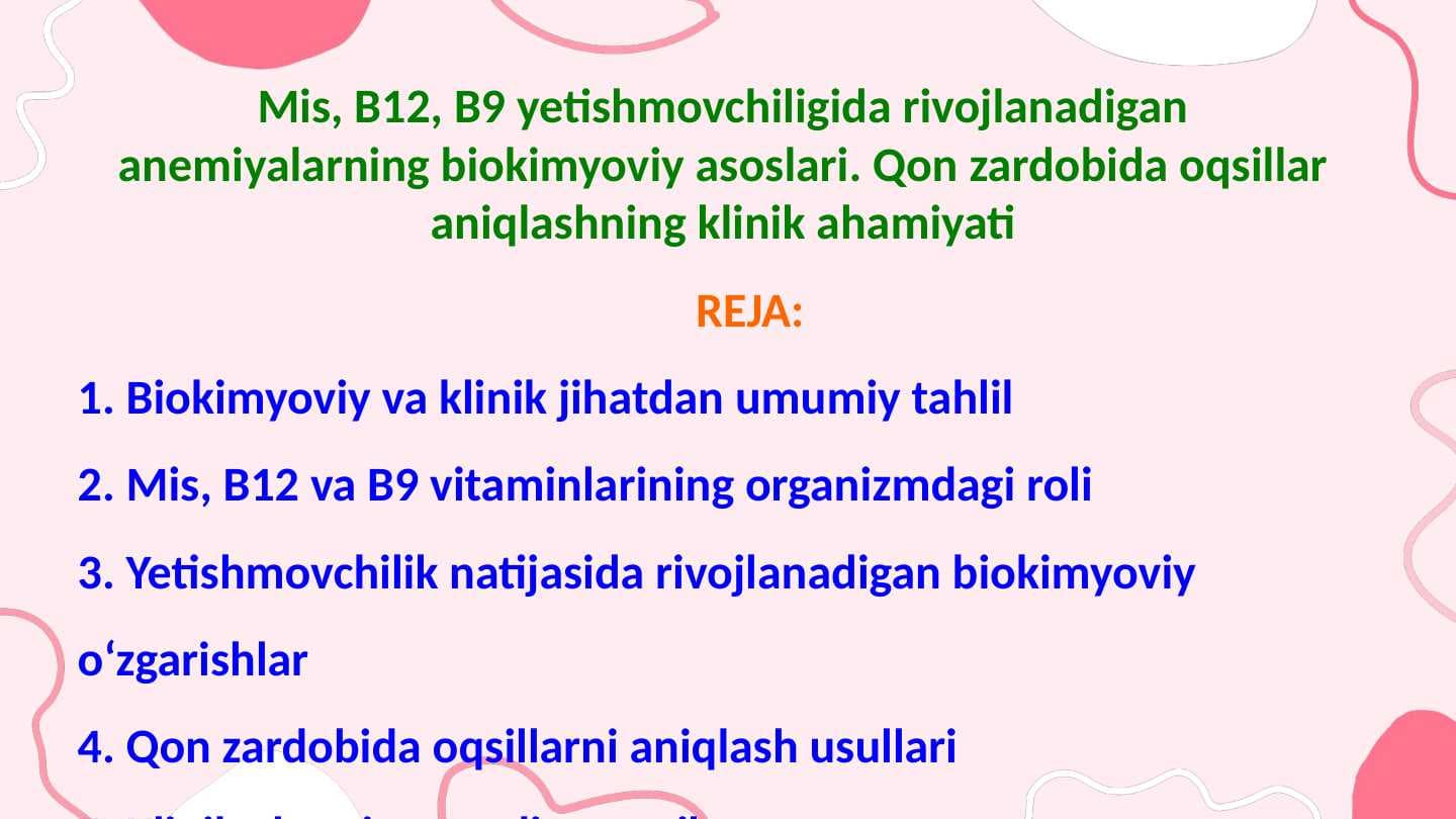 Mis, B12, B9 yetishmovchiligida rivojlanadigan anemiyalarning biokimyoviy asoslari. Qon zardobida oqsillar aniqlashning klinik ahamiyati