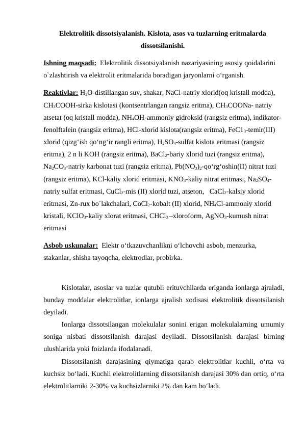 Elektrolitik dissotsiyalanish. Kislota, asos va tuzlarning eritmalarda dissotsilanishi