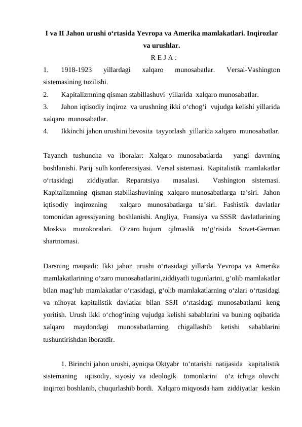 I va II Jahon urushi o‘rtasida Yevropa va Amerika mamlakatlari. Inqirozlar va urushlar.