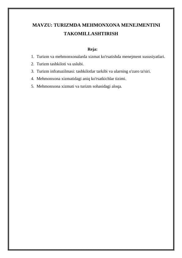 TURIZMDA MEHMONXONA MENEJMENTINI TAKOMILLASHTIRISH
