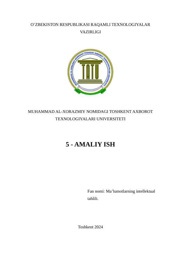 Talabalarda ma’lumotlarning intellektual tahlilida Klasterlash (Clustering) muammolarini hal qilish, K-Means algoritmi va SVM (Support Vector Machine) algoritmi bo‘yicha nazariy va amaliy bilim va ko‘nimalarni hosil qilish.