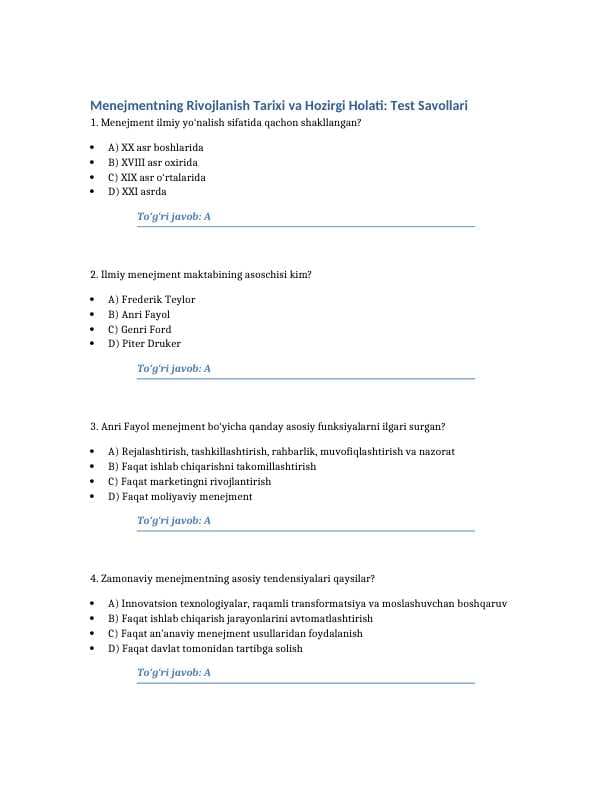 Menejmentning rivojlanish tarixi va hozirgi holati. 100 TA TEST JAVOBLARI BILAN