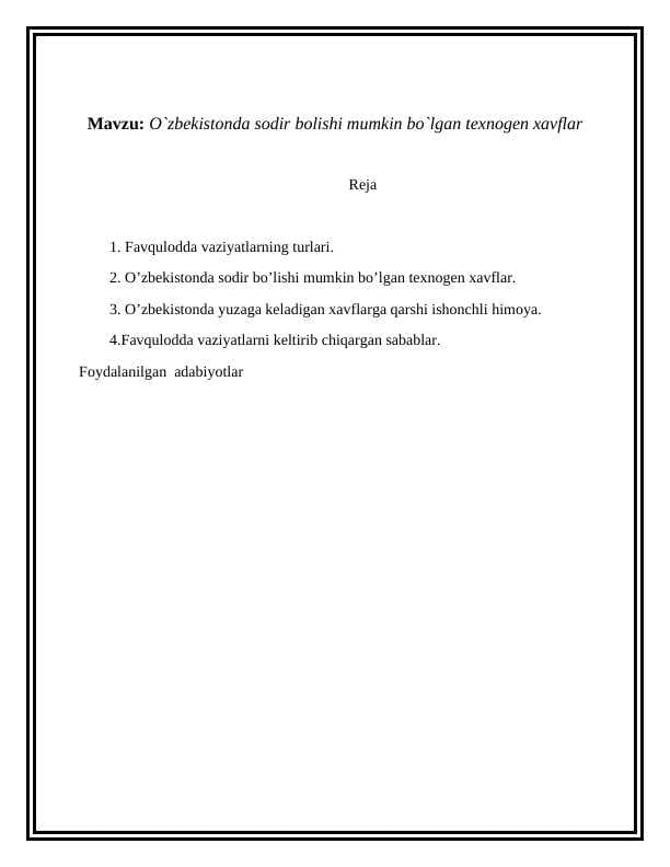 O`zbekistonda sodir bolishi mumkin bo`lgan texnogen xavflar