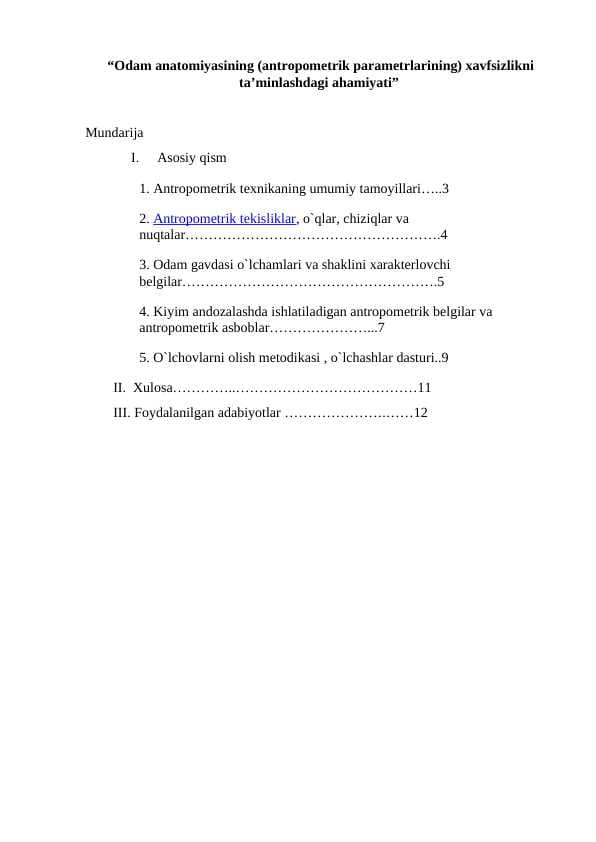 Odam anatomiyasining (antropometrik parametrlarining) xavfsizlikni ta’minlashdagi ahamiyati