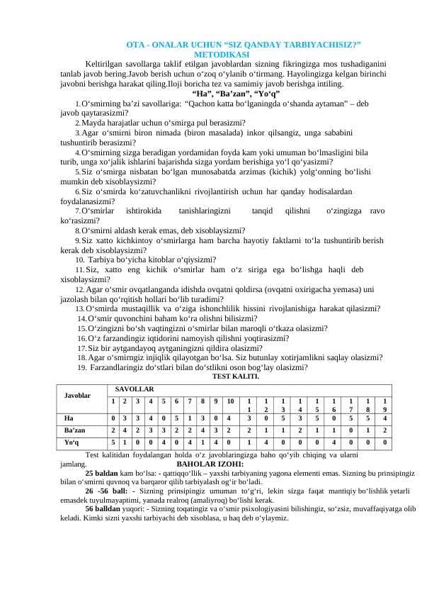 Ota onalar uchun "Siz qanday tarbiyachisiz?" metodikasi