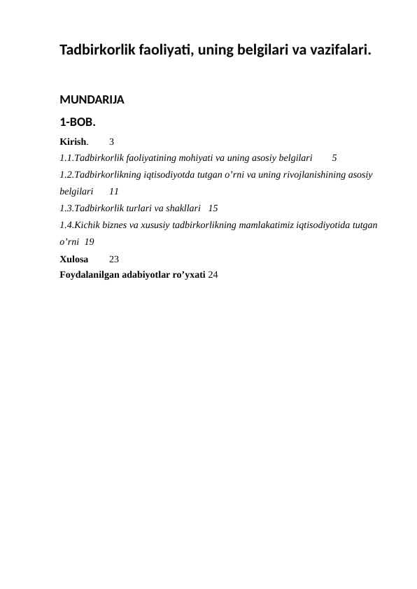 Tadbirkоrlik faоliyati, uning belgilari va vazifalari.
