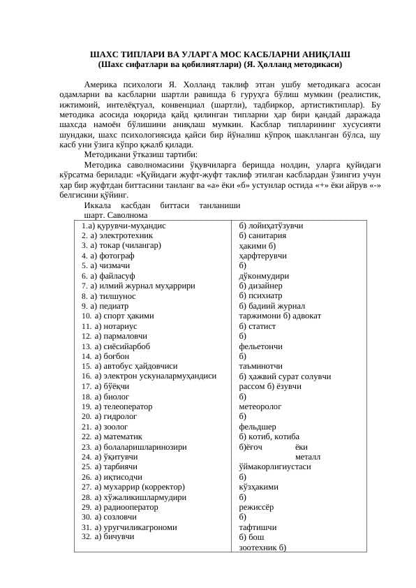 Shaxs tiplari va ularga mos kasblarni aniqlash