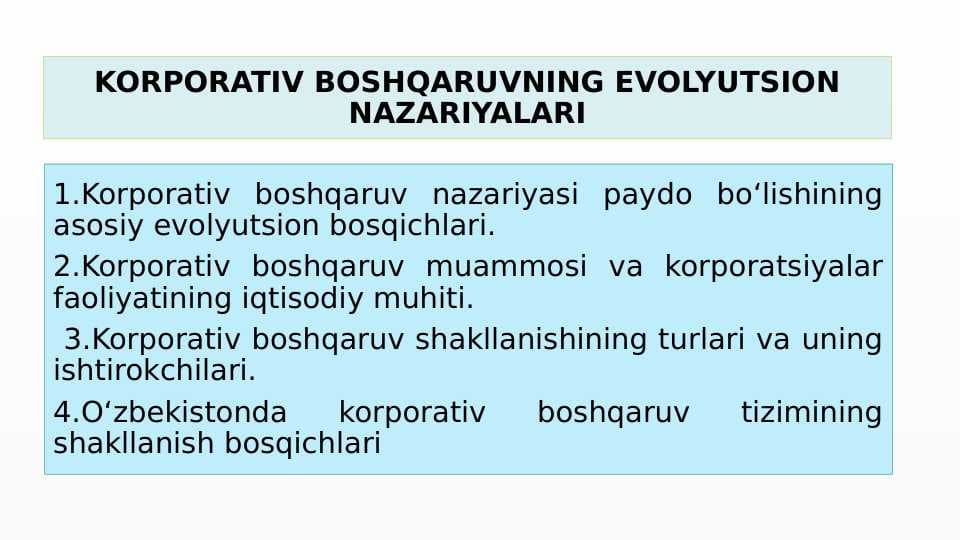 KORPORATIV BOSHQARUVNING EVOLYUTSION NAZARIYALARI