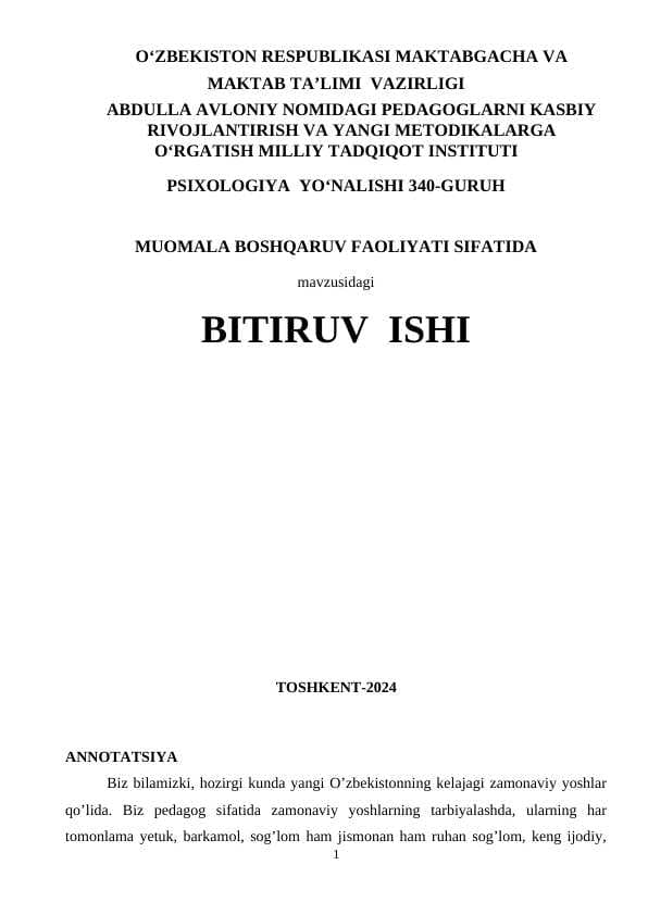 MUOMALA BOSHQARUV FAOLIYATI SIFATIDA