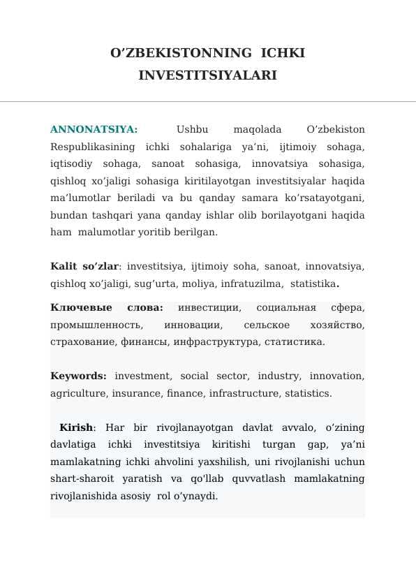 O’ZBEKISTONNING  ICHKI       INVESTITSIYALARI
