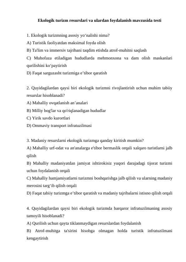 Ekologik turizm resurslari va ulardan foydalanish