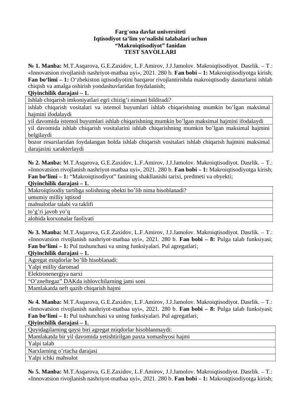 Makroiqtisodiyot fanidan 200 talik test savollari
