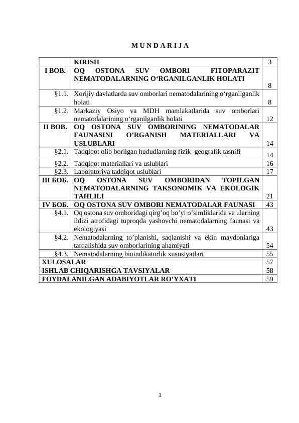 OQ OSTONA SUV OMBORI  FITOPARAZIT  NEMATODALARNING O‘RGANILGANLIK HOLATI