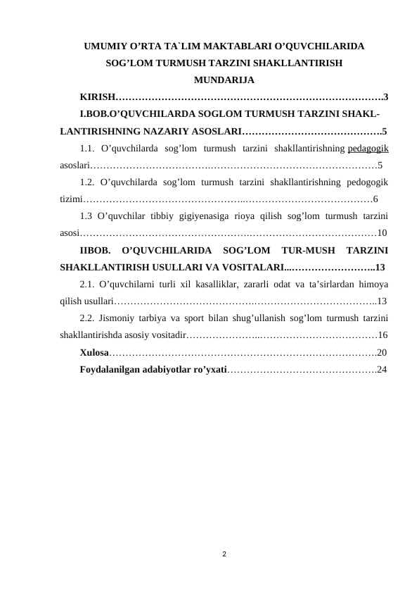 UMUMIY O’RTA TA`LIM MAKTABLARI O’QUVCHILARIDA SOG’LOM TURMUSH TARZINI SHAKLLANTIRISH