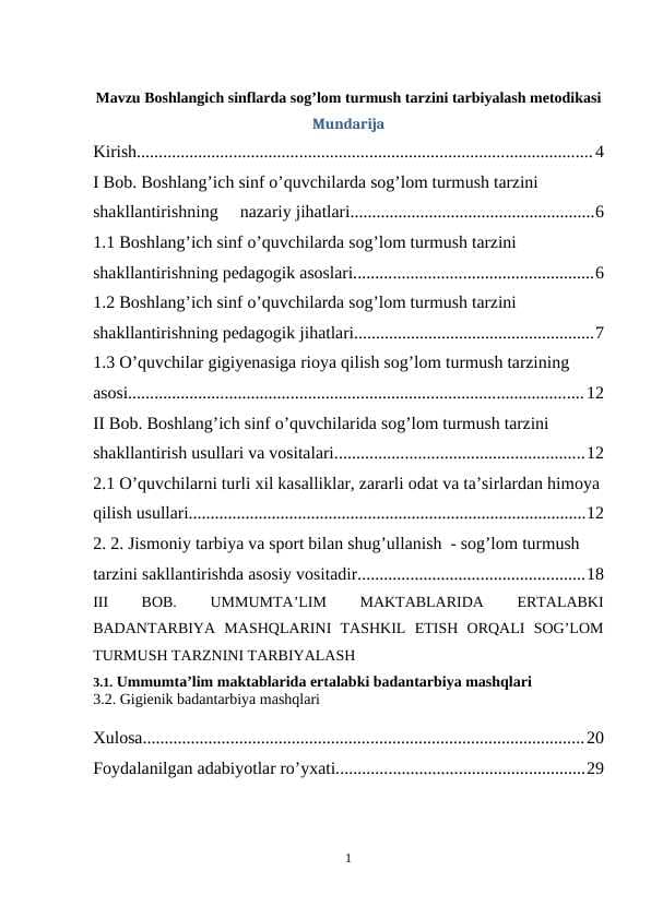 Boshlangich sinflarda sog’lom turmush tarzini tarbiyalash metodikasi