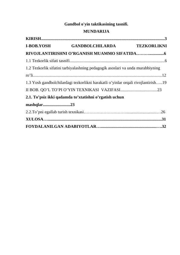 Gandbol o'yin taktikasining tasnifi.