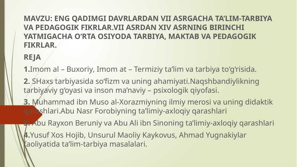 ENG QADIMGI DAVRLARDAN VII ASRGACHA TA’LIM-TARBIYA VA PEDAGOGIK FIKRLAR.VII ASRDAN XIV ASRNING BIRINCHI YATMIGACHA O‘RTA OSIYODA TARBIYA, MAKTAB VA PEDAGOGIK FIKRLAR.