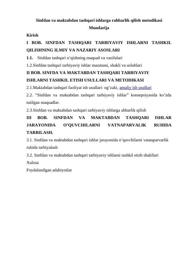 Sinfdan va maktabdan tashqari ishlarga rahbarlik qilish metodikasi