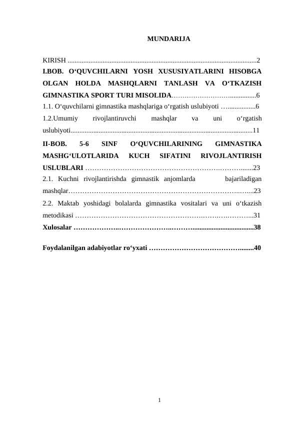 O‘QUVCHILARNI YOSH XUSUSIYATLARINI HISOBGA OLGAN HOLDA MASHQLARNI TANLASH VA O‘TKAZISH GIMNASTIKA SPORT TURI MISOLIDA