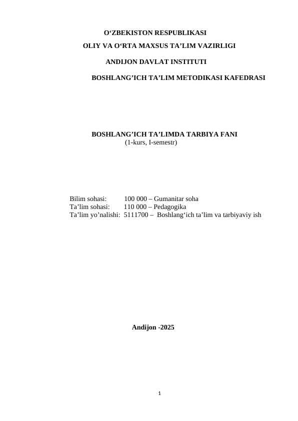 BOSHLANG’ICH TA’LIMDA TARBIYA FANI  O'QUV MAJMUA MARUZALAR