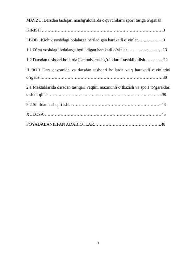 Darsdan tashqari mashg'ulotlarda o'quvchilarni sport turiga o'rgatish