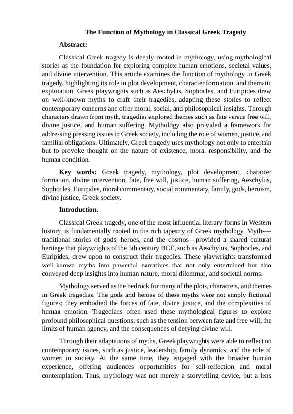 The Function of Mythology in Classical Greek Tragedy