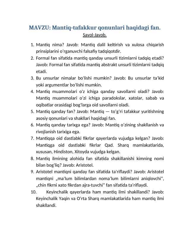 Mantiq-tafakkur qonunlari haqidagi fan.